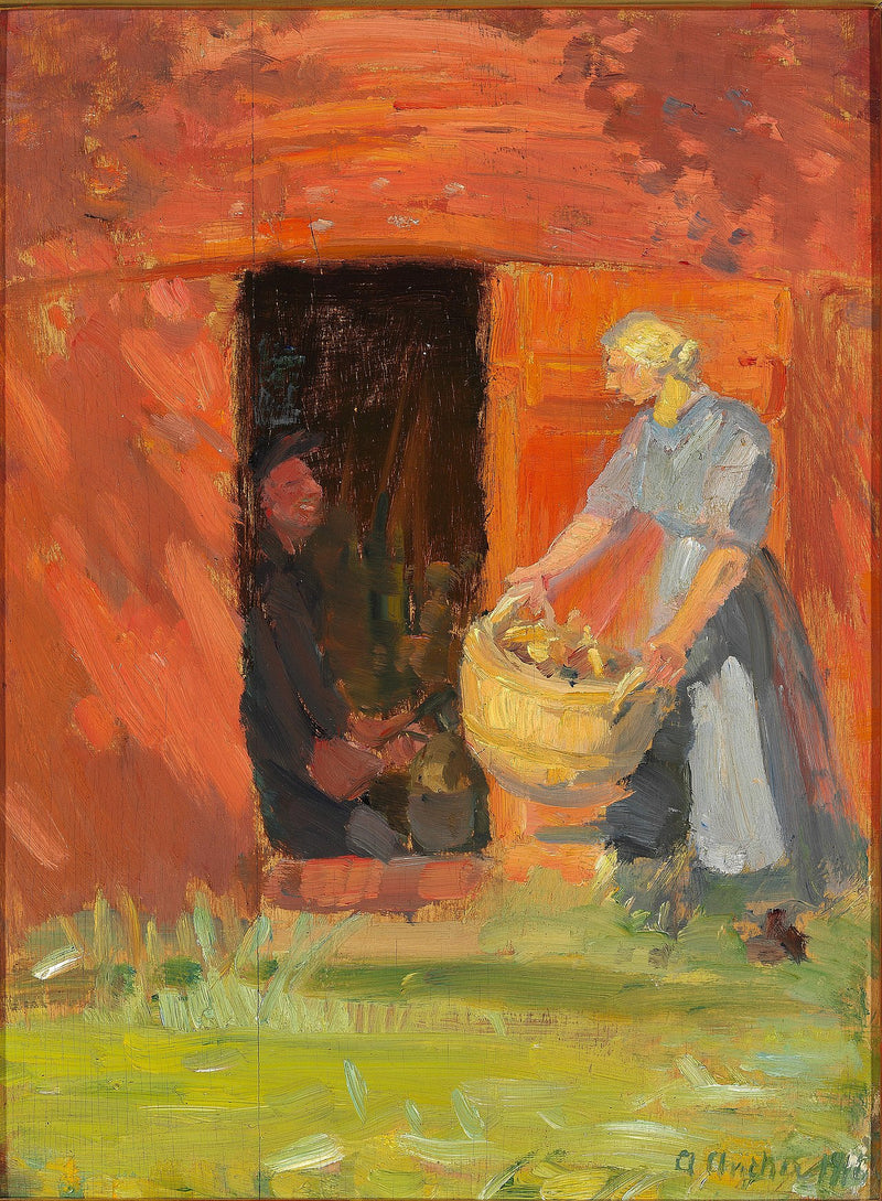 Jeune femme portant le linge devant une maison rouge à Skagen. - Anna Ancher