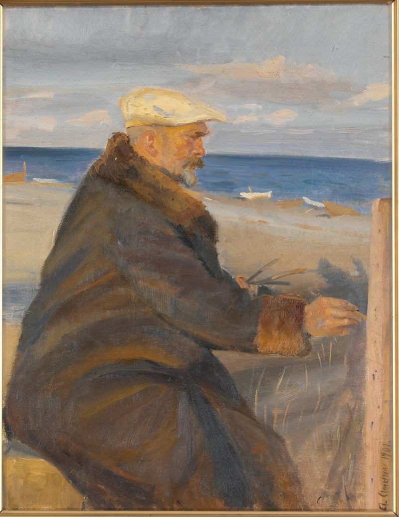 Michael Ancher målande på stranden (Michael Ancher dessinant sur la plage) - Anna Ancher
