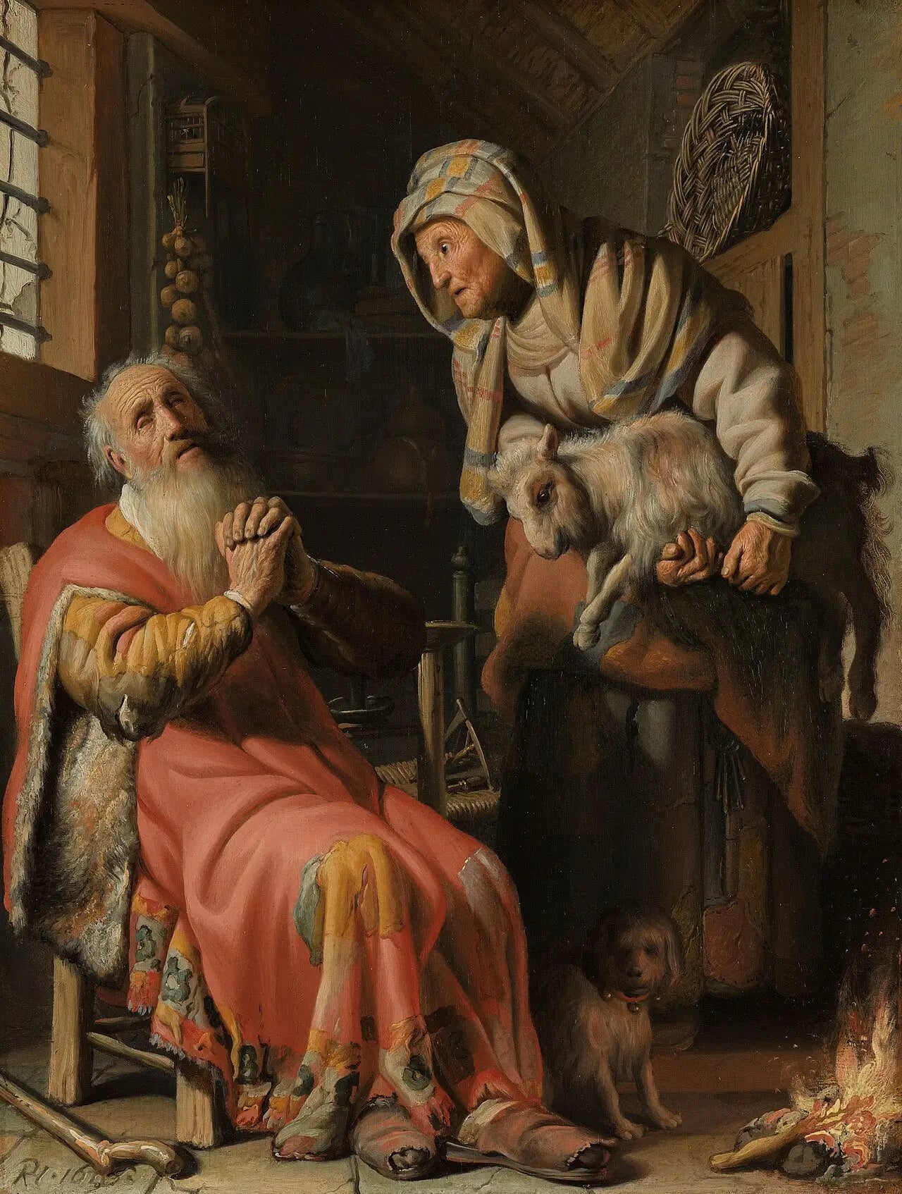 Reproduction du tableau « Tobias et Anna avec une petite chèvre - Rembrandt » par Alpha Reproduction en peinture à l’huile