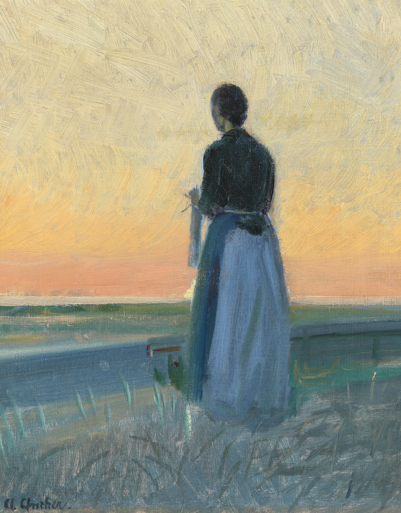 Une jeune femme en train de tricoter, debout au coucher du soleil. - Anna Ancher