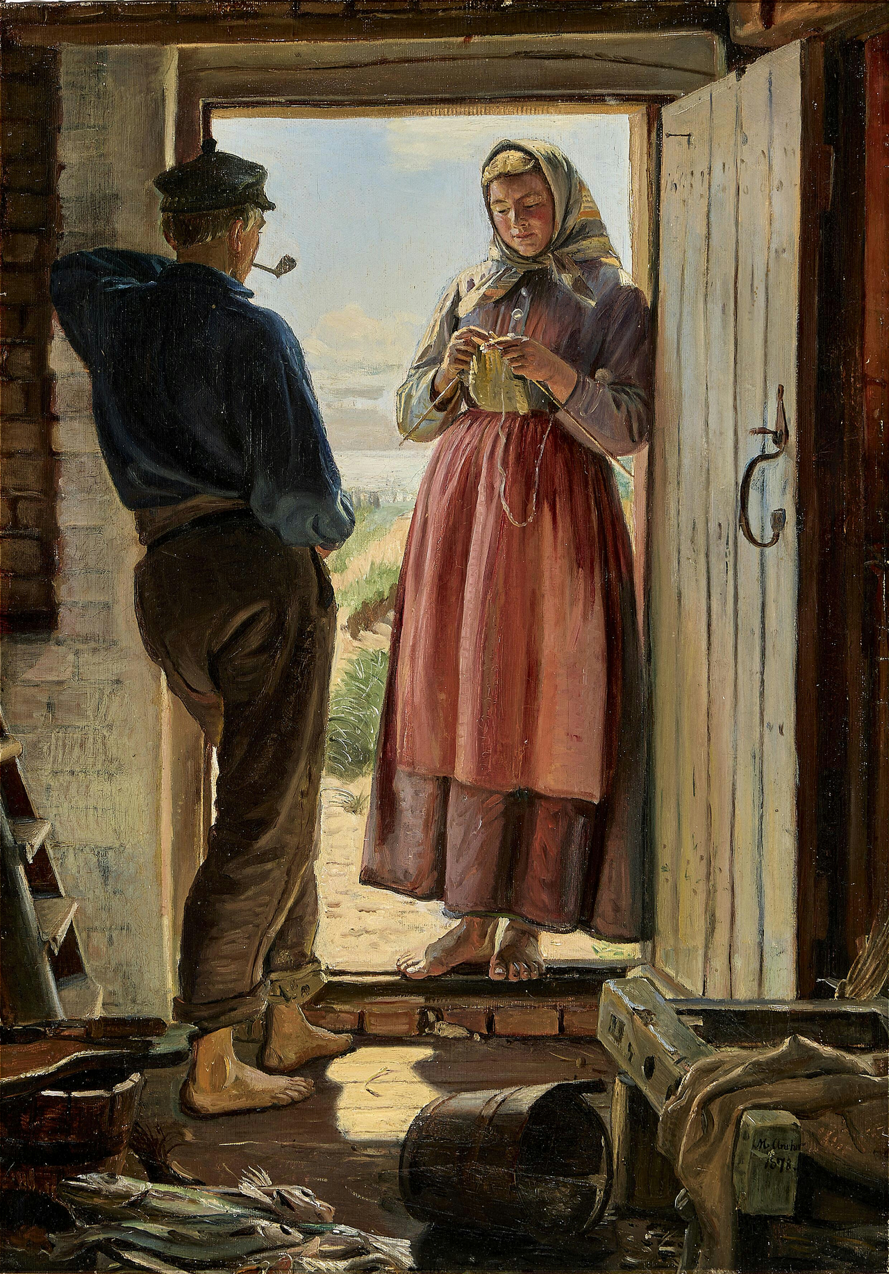Une proposition. Un jeune pêcheur et une jeune femme tricotent dans l’embrasure d’une porte. - Michael Peter Ancher