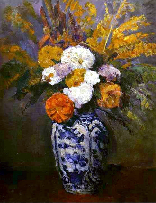 Reproduction du tableau « Dahlias dans un grand vase de Delft - Paul Cézanne » par Alpha Reproduction en peinture à l’huile