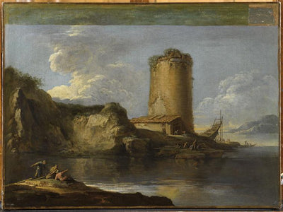 Paysage avec une tour et une barque en construction - Salvator Rosa