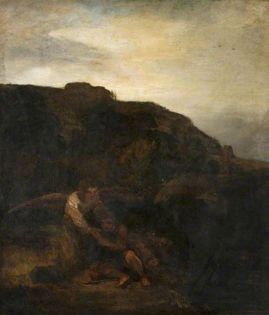 Reproduction du tableau « Tobie et l'ange dans un paysage - Rembrandt » par Alpha Reproduction en peinture à l’huile