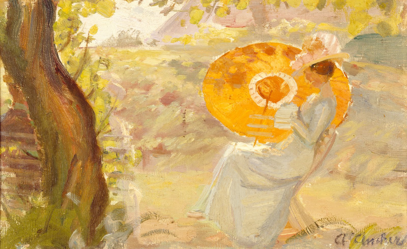 Jeune fille dans un jardin avec un parasol orange - Anna Ancher - Alpha Reproduction