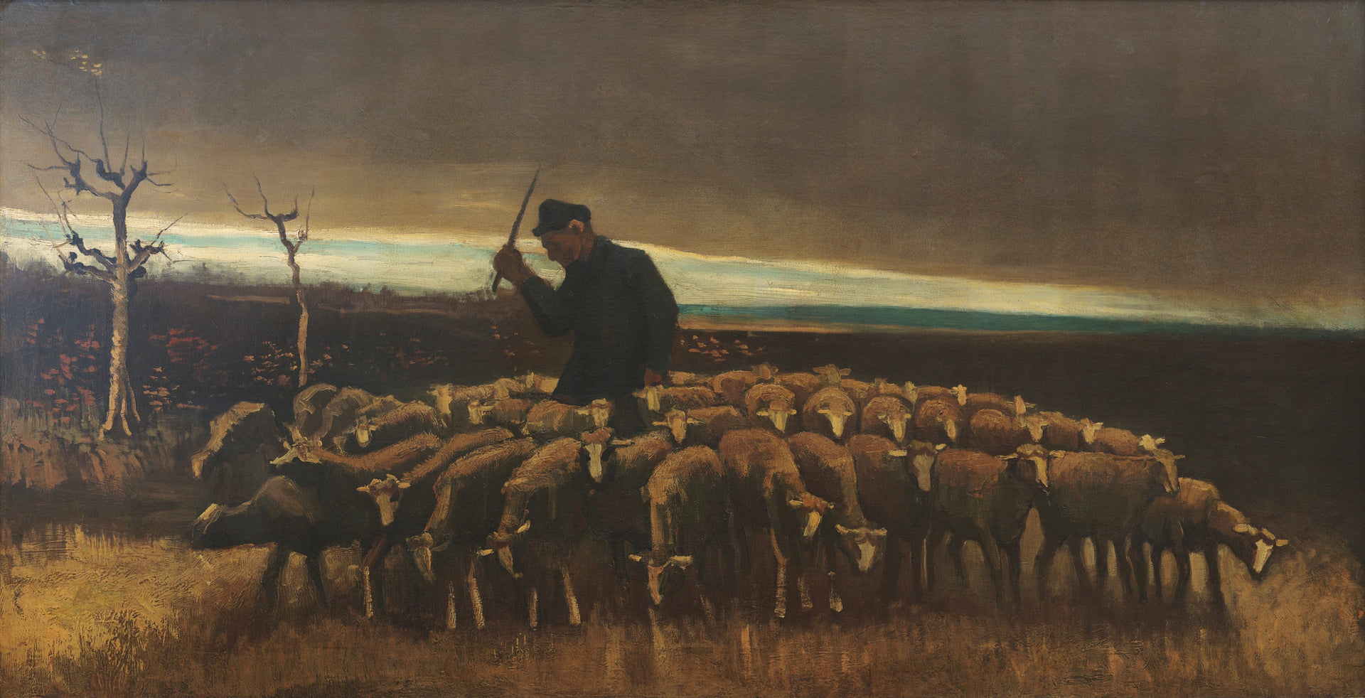 Après la tempête F42 — berger levant son bâton au milieu d’un troupeau de moutons peint par Vincent van Gogh