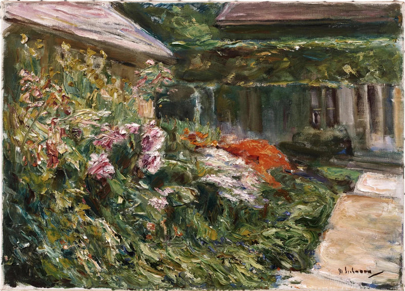 北東向きの庭小屋の近くにある花の茂み - マックス・リーバーマン