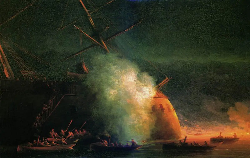 1877年8月12日、スフム湾でのトルコ戦艦アサリ・シェフケットのグランド・デューク・コンスタンティン号の客船による鉱山攻撃 - イワン・アイヴァゾフスキー

Source:
Attaque de mine par des bateaux du paquebot Grand-Duc Konstantin du cuirassé turc Assari-Shevket sur la rade de Soukhoum le 12 août 1877 - Ivan Aïvazovski