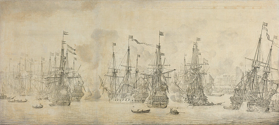 L'attaque manquée des Anglais contre la flotte du retour dans le port de Bergen (Norvège), 12 août 1665 : épisode de la Seconde Guerre navale anglaise (1665-67) - Willem Van de Velde l'Ancien