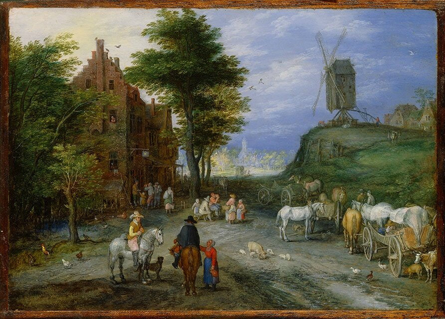 Aux abords d'un village avec un moulin à vent - Jan Brueghel l'Ancien image 1 reproduction de peinture à l’huile