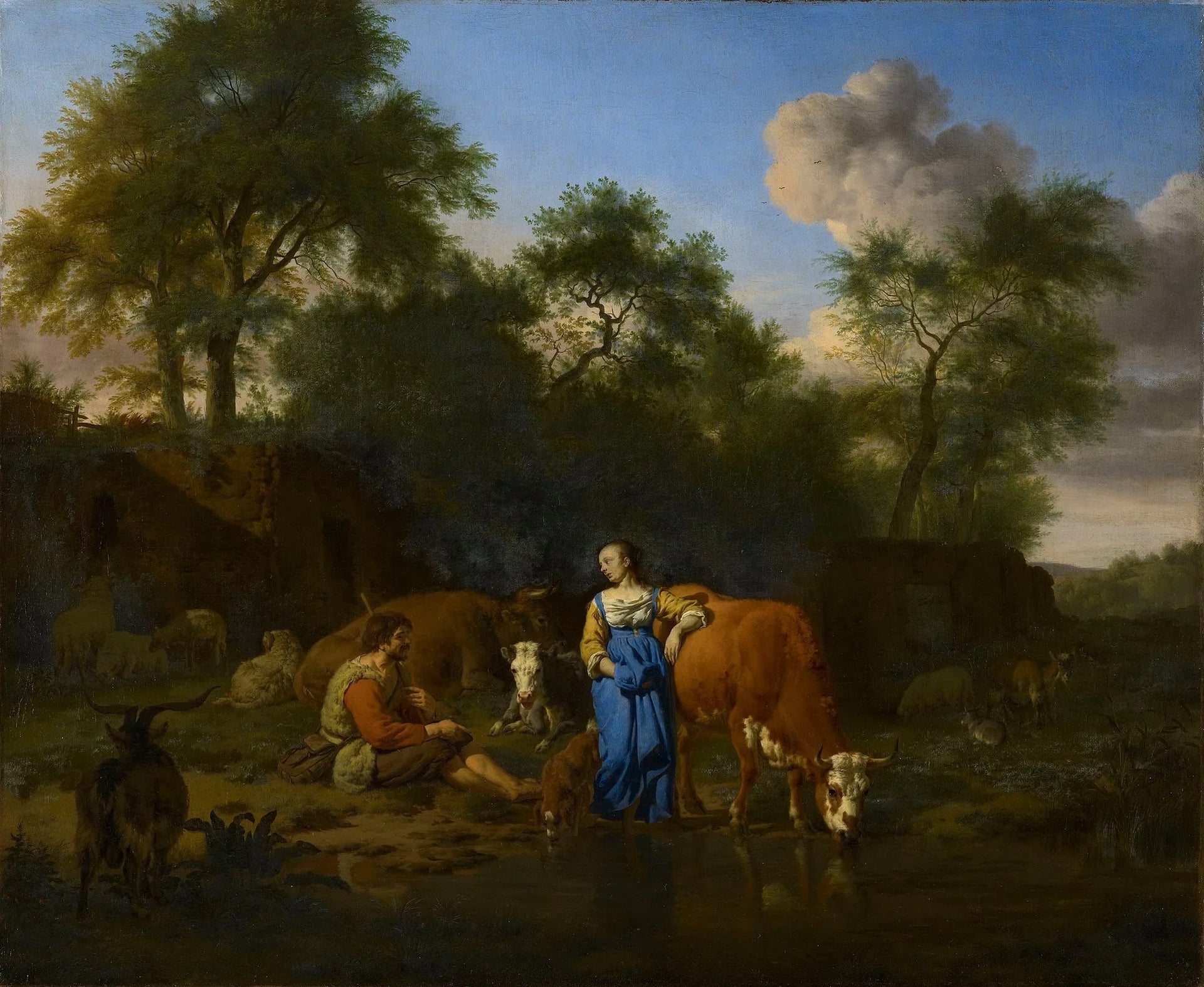 Berger et bergère avec leur bétail au bord d'un ruisseau - Adriaen van de Velde image 1 reproduction de peinture à l’huile