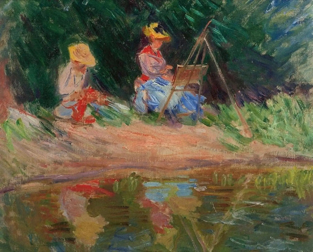 Blanche Monet peignant avec sa soeur Suzanne au bord de l'eau - Claude Monet image 1 copie peinte à la main à l’huile