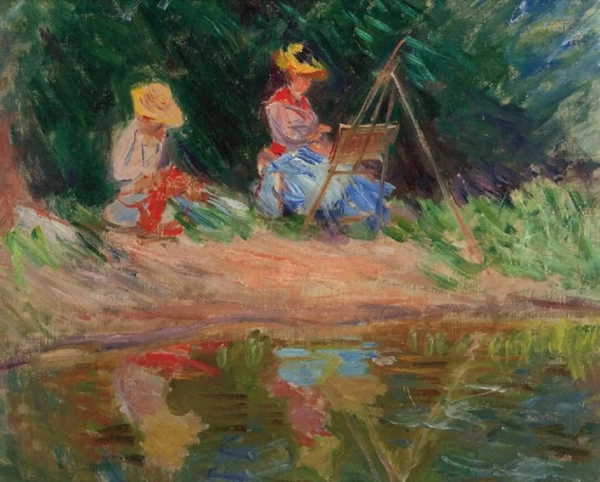Blanche Monet peignant avec sa soeur Suzanne au bord de l'eau - Claude Monet image 1 copie peinte à la main à l’huile