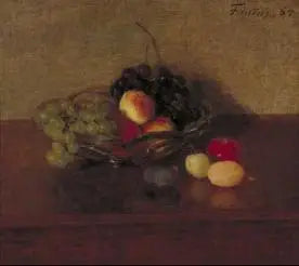 白と青のぶどう、桃、プルーンをあしらったガラスのボウル - アンリ・ファンタン＝ラトゥール

Source:
Bol en verre avec raisins blancs et bleus, pêches et prunes - Henri Fantin-Latour