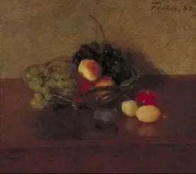 白と青のぶどう、桃、プルーンをあしらったガラスのボウル - アンリ・ファンタン＝ラトゥール

Source:
Bol en verre avec raisins blancs et bleus, pêches et prunes - Henri Fantin-Latour