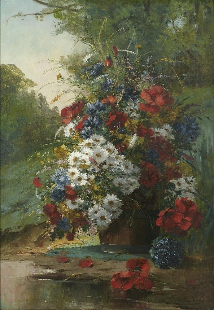 Bouquet de pavots et pivoines par Eugène Henri Cauchois, peinture de pivoines