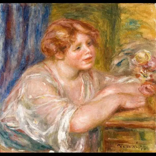 Buste de jeune fille regardant des fleurs - Pierre-Auguste Renoir image 1 tableau peint à l’huile sur toile