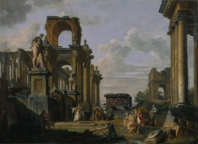 CAPRICCIO_ARCHITECTURAL_DU_FORUM_ROMAIN_AVEC_DES_PHILOSOPHES_ET_DES_SOLDATS_PARMI_DES_RUINES_ANTIQUES_DO NT_L_ARC_DE_JANUS_QUADRIFRONS_LE_SARCOPHAGE_DE_SANTA_CONSTANZA_L_HERCULE_FARN_SE_ET_LE_CINCINATUS_50x60