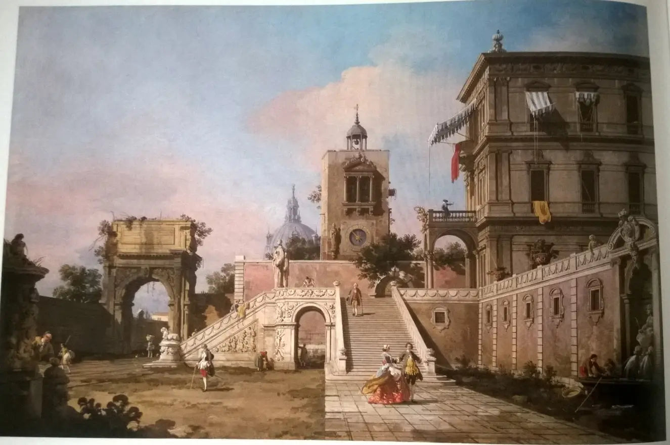Capriccio d’un palais de la Renaissance avec un escalier monumental une tour de l’horloge et l’arc de Titus au-delà