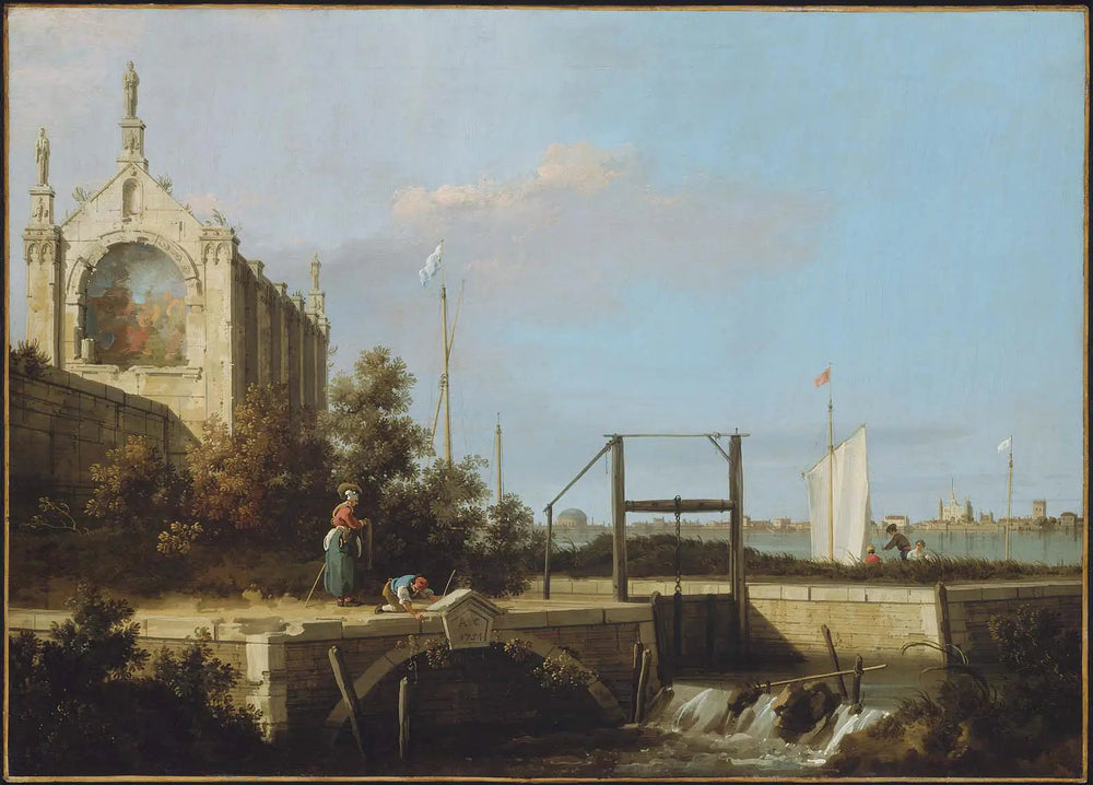Capriccio : Une écluse sur une rivière avec une chapelle - Canaletto image 1 reproduction de peinture à l’huile