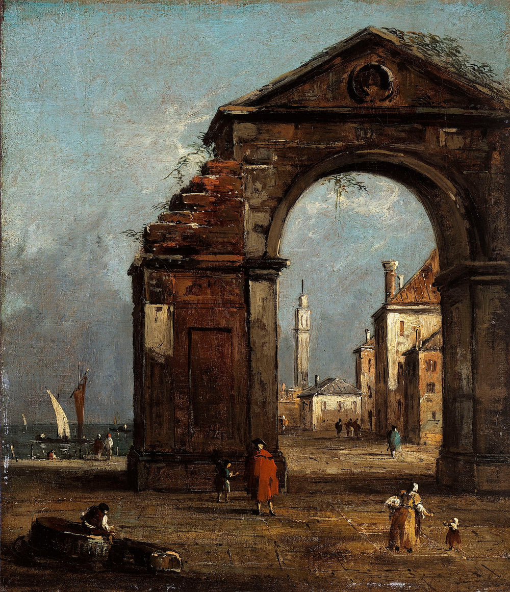 Caprice, avec arc triomphal en ruine et paysage du bord de la lagune - Francesco Guardi image 1 reproduction de peinture à l’huile