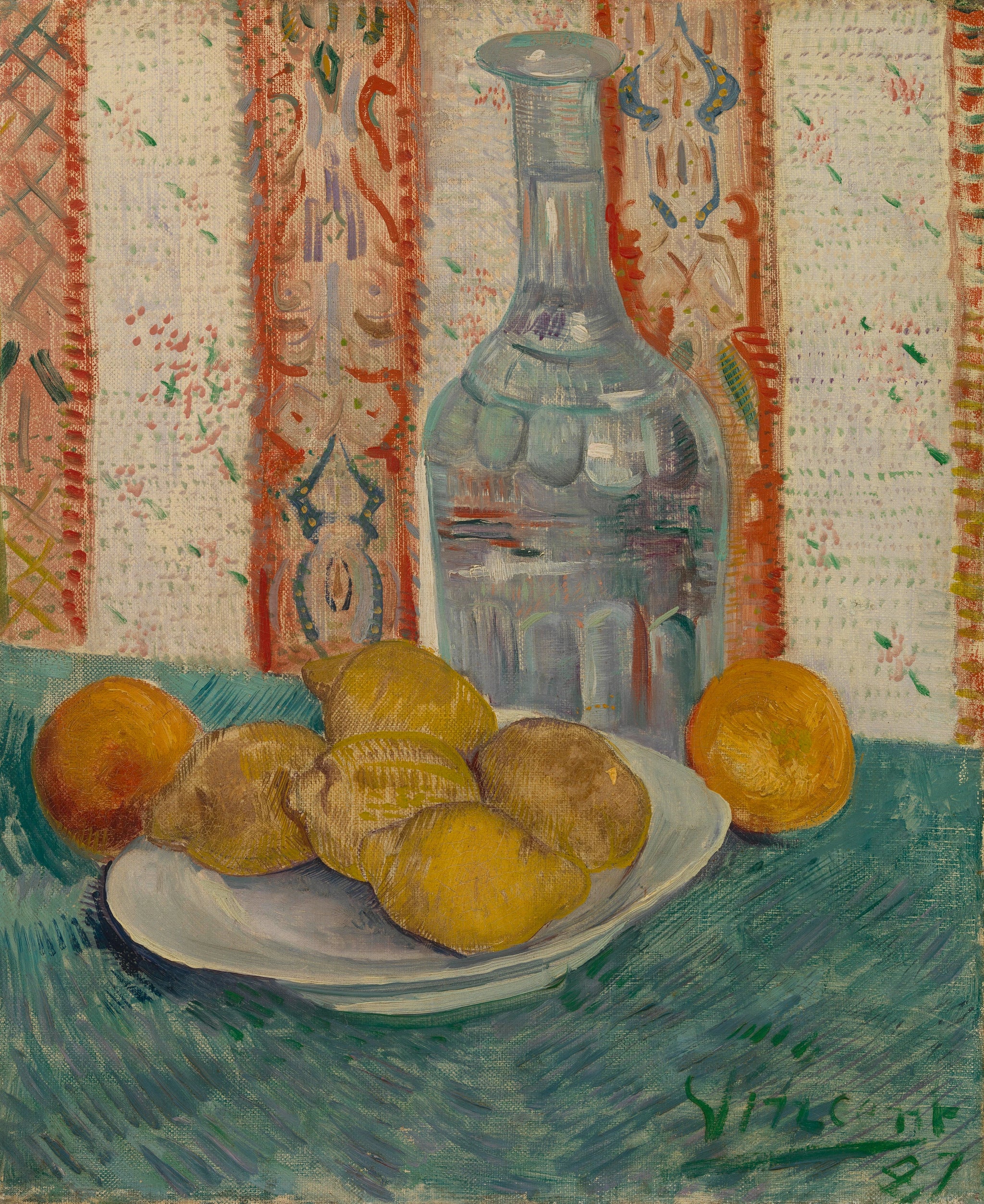 Carafe et plat aux agrumes F340 — carafe de verre et citrons sur une table turquoise par Vincent van Gogh