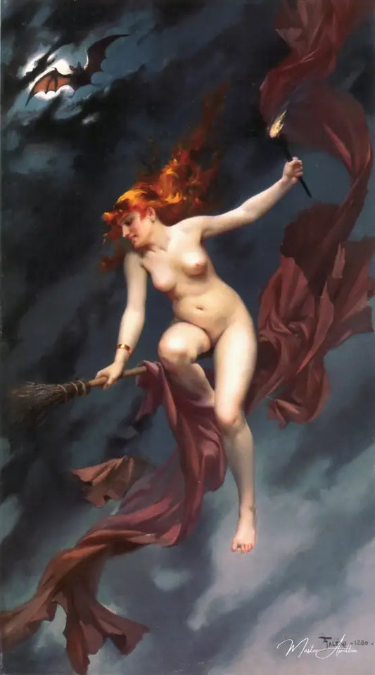 Carte postale du tableau Bruja Yendo al Aquelarre - Luis Ricardo Falero - Reproductions de tableaux et peintures haut de gamme