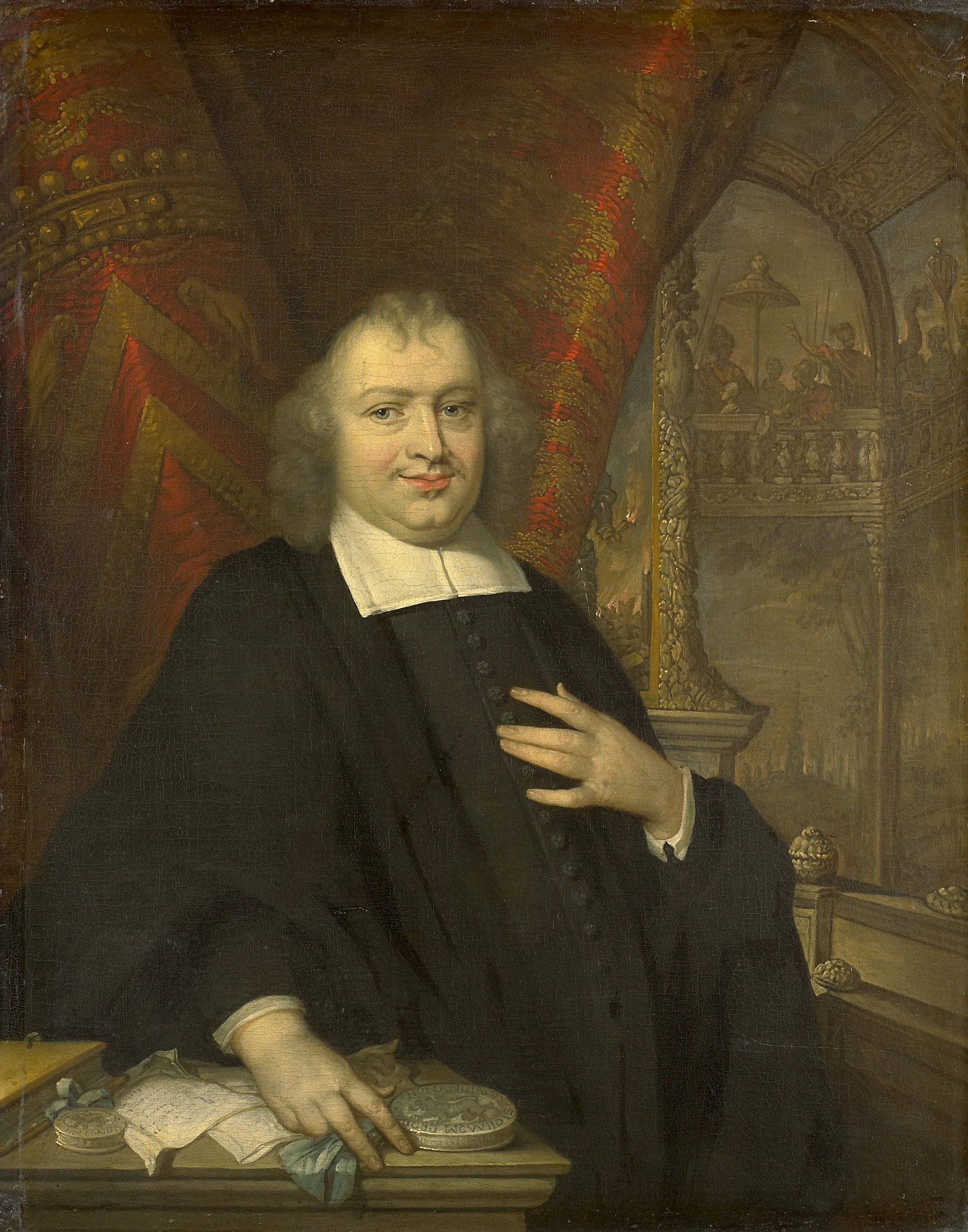 Caspar Fagel (1634-88). Grand Pensionnaire de Hollande depuis 1672, avec en arrière-plan la salle de réunion des États de Hollande au Binnenhof à La Haye - Artiste inconnu du Rijksmuseum