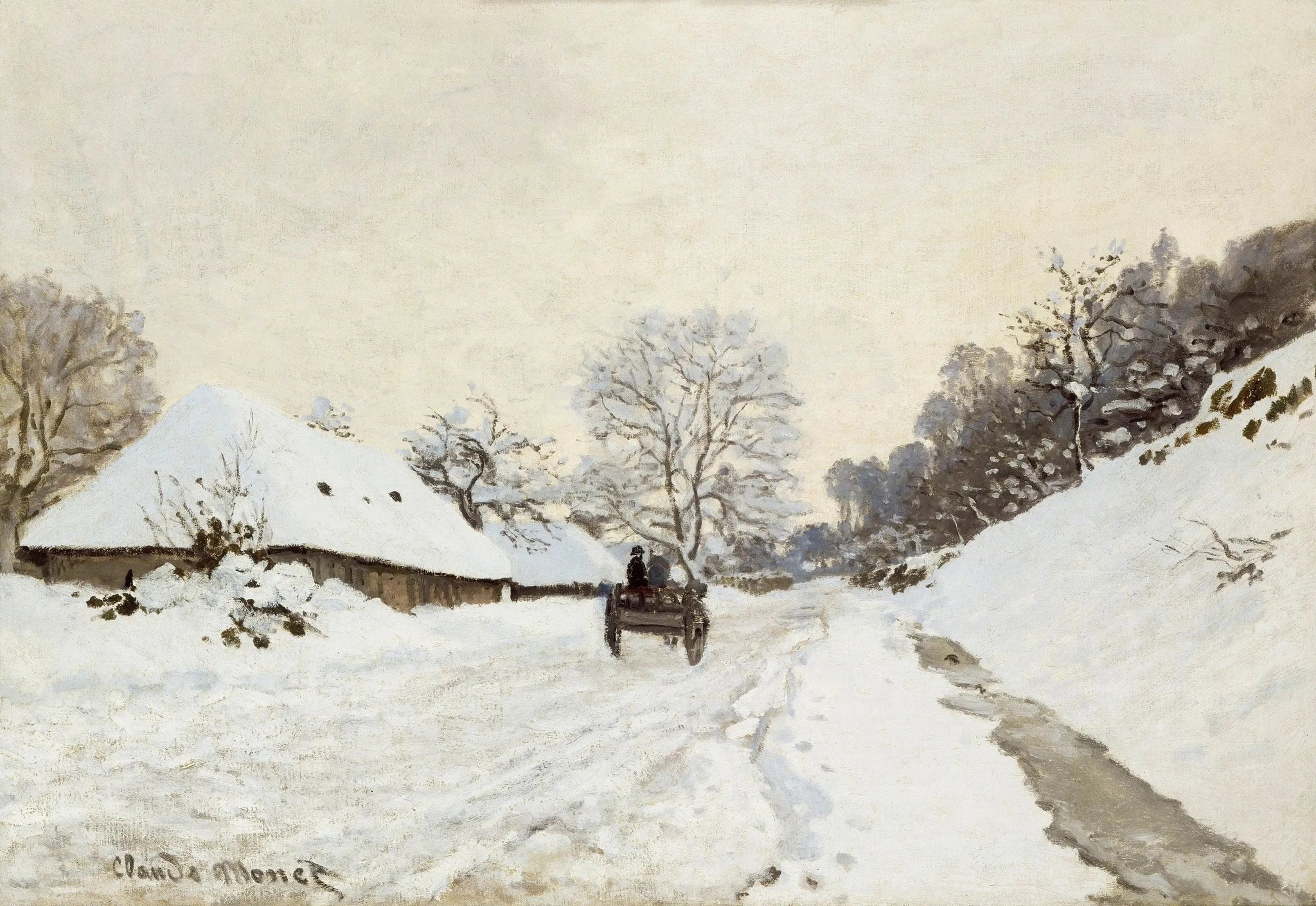 La Charrette, route sous la neige à Honfleur W50 par Claude Monet, vers 1867, musée d’Orsay
