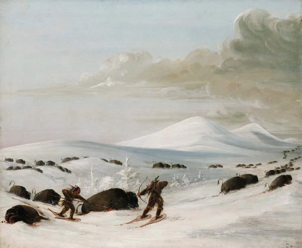 Chasse au bison dans les congères, poursuite par des Indiens en raquettes - George Catlin image 1 reproduction artisanale de tableau