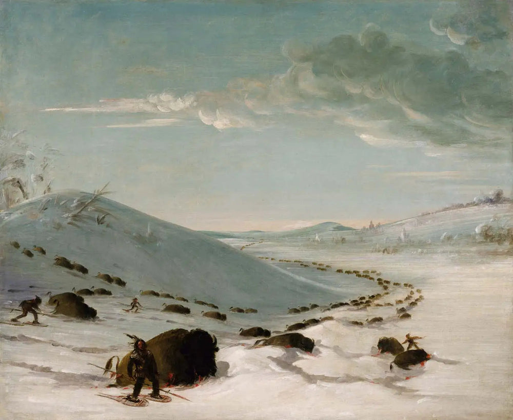 Chasse au bison en hiver, Indiens en raquettes - George Catlin image 1 copie peinte à la main à l’huile