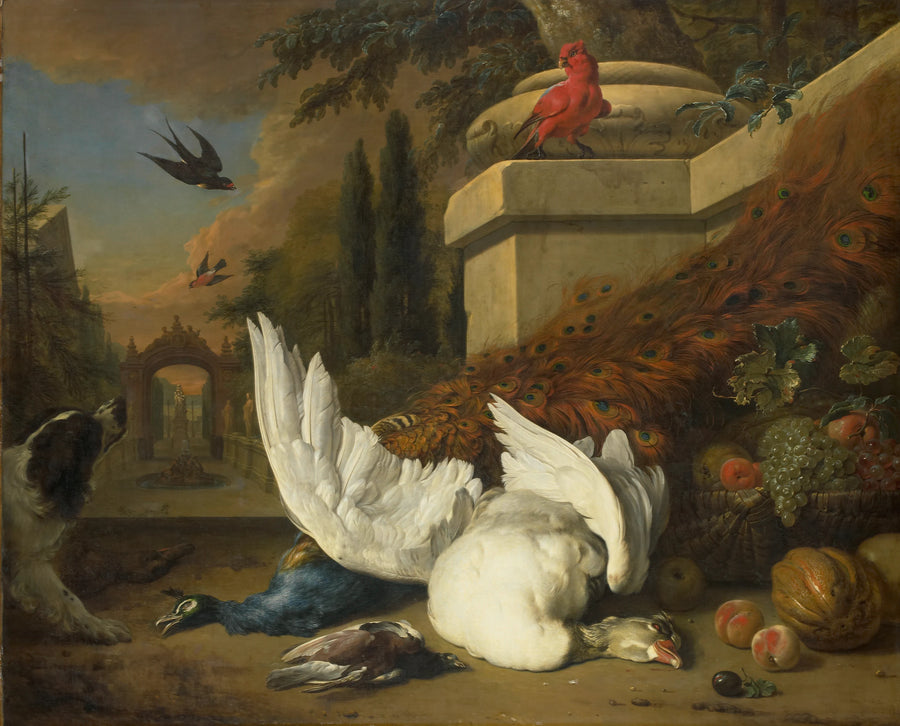 Un chien avec une oie morte et un paon - Jan Weenix