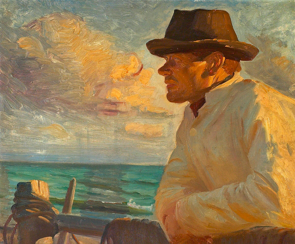Christoffer au soleil, debout sur la digue. - Michael Peter Ancher image 1 copie peinte à la main à l’huile