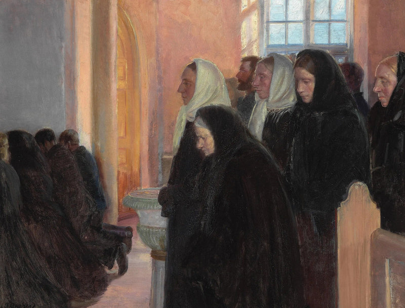 Communion dans l'église de Skagen. Lumière du soleil filtrant à travers les vitraux. - Anna Ancher