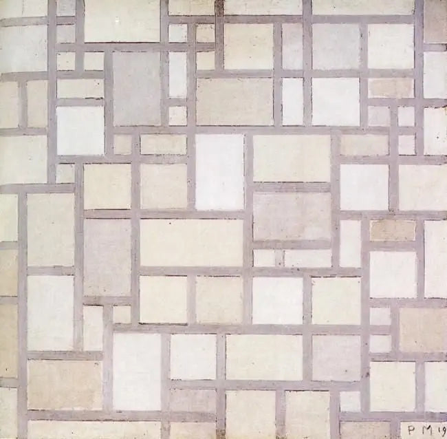 Reproduction du tableau « Composition 7 : Plans de couleur claire avec contours gris - Piet Mondrian » par Alpha Reproduction en peinture à l’huile