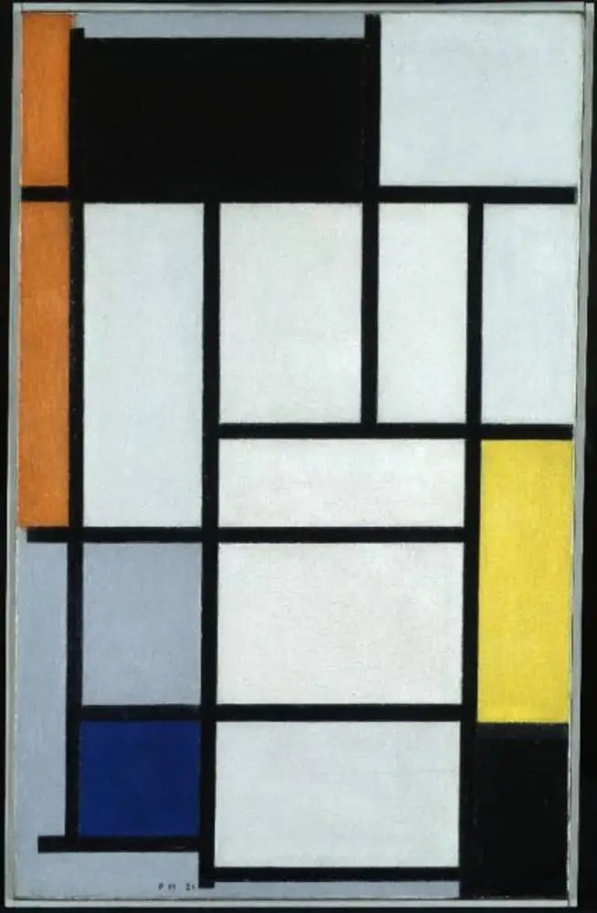 Reproduction du tableau « Composition avec du rouge, du noir, du jaune, du bleu et du gris - Piet Mondrian » par Alpha Reproduction en peinture à l’huile