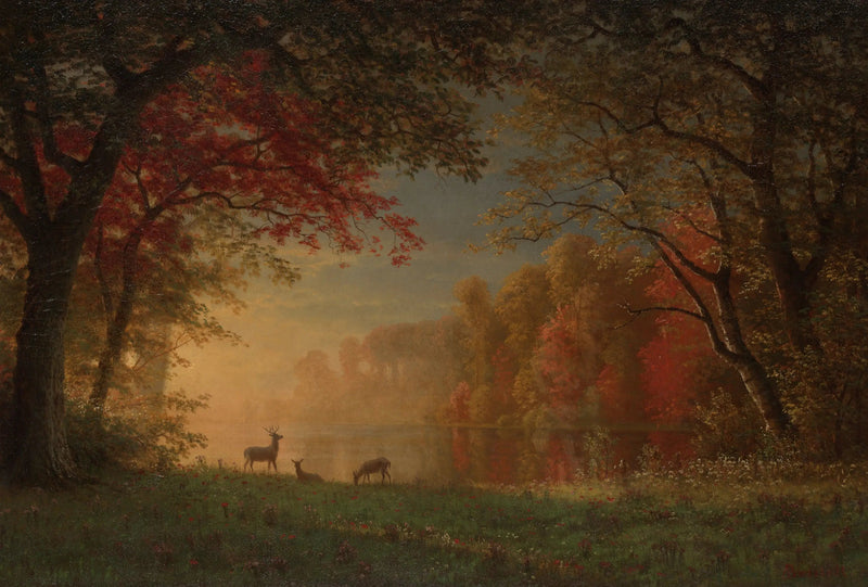 インドの夕焼け：湖畔の鹿 - アルバート・ビアシュタット

Source:
Coucher de soleil indien : cerf au bord d'un lac - Albert Bierstadt