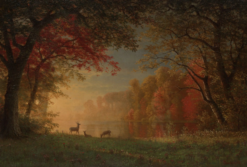 インドの夕焼け：湖畔の鹿 - アルバート・ビアシュタット

Source:
Coucher de soleil indien : cerf au bord d'un lac - Albert Bierstadt