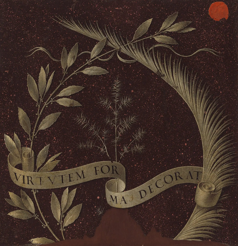 月桂樹、ヤシ、ジュニパーの冠と「Virtutem Forma Decorat」と書かれた巻物 [裏面] - レオナルド・ダ・ヴィンチ