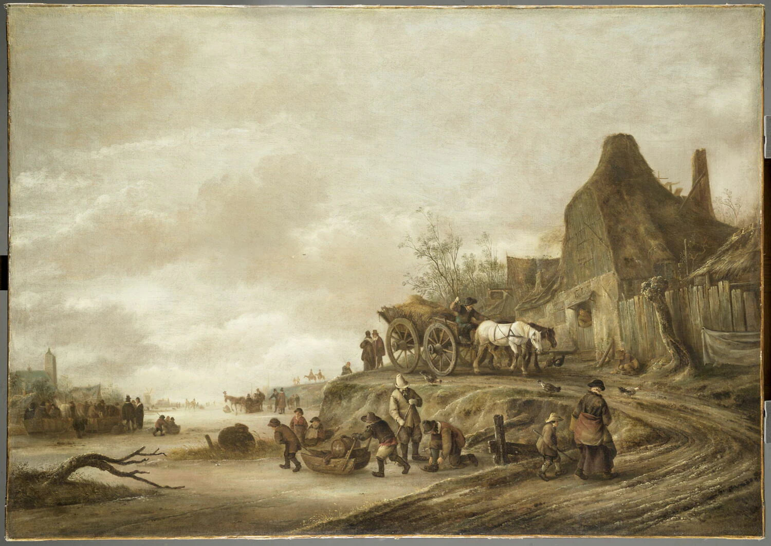 Cours d'eau gelé avec, sur le côté, une carriole descendant un chemin bordé de maisons et de palissades en bois - Isaack van Ostade