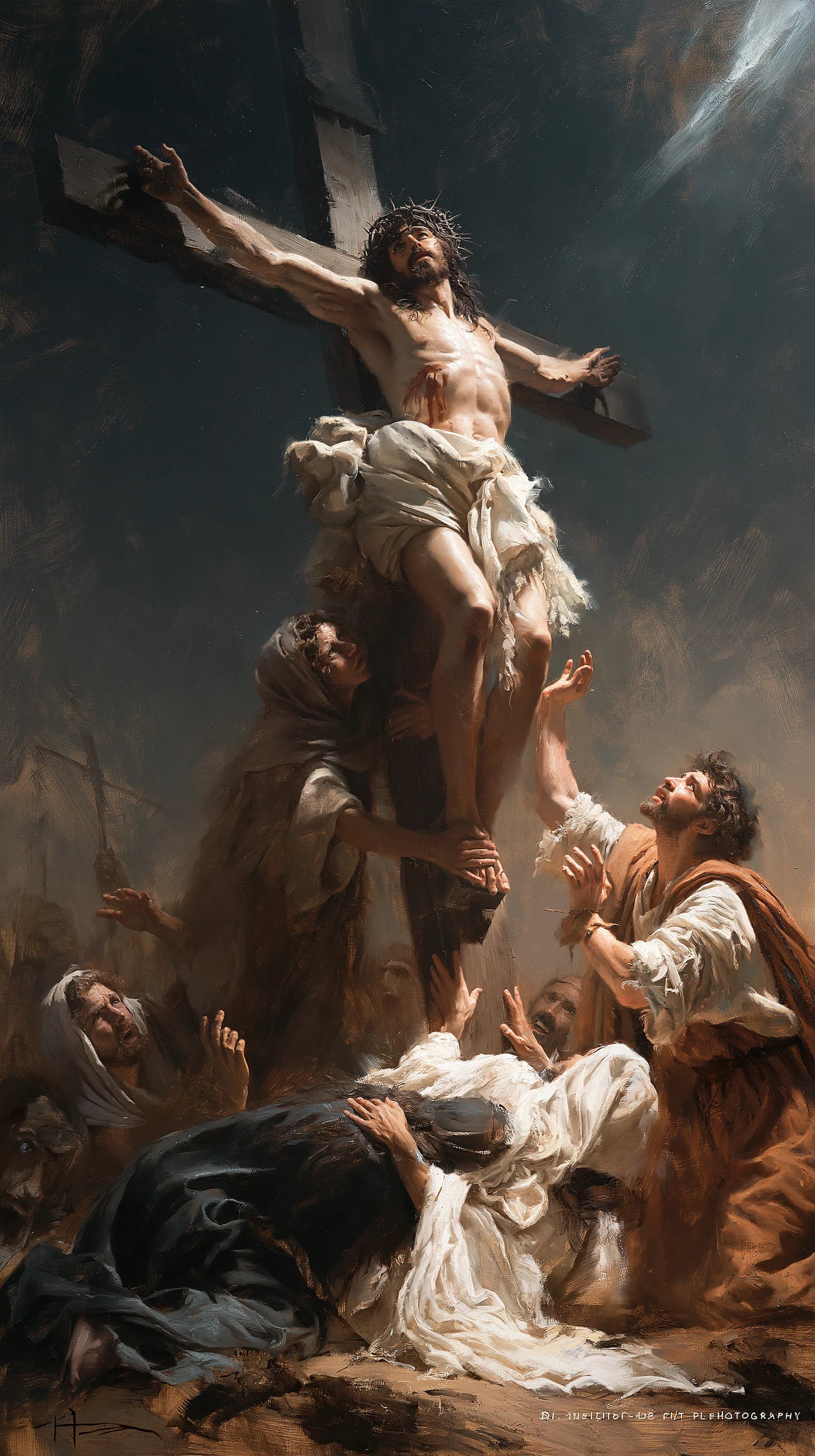 Crucifixion dramatique aux figures vêtues de blanc — Peinture à l’huile sur commande