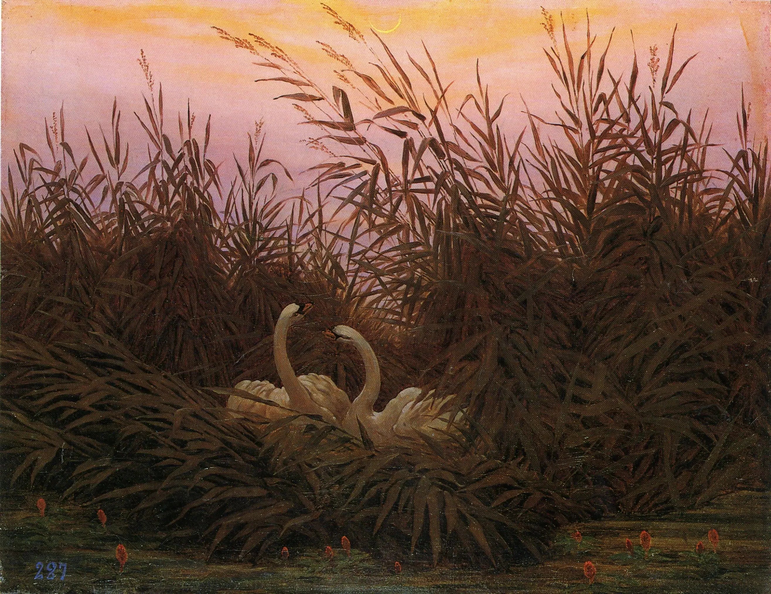 Cygnes dans les roseaux à la première aube - Caspar David Friedrich image 1 copie peinte à la main à l’huile