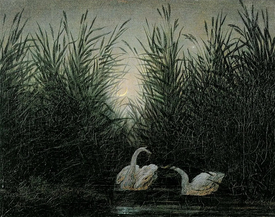 夜明けの最初の光の中の葦の中の白鳥 - カスパー・ダーヴィッド・フリードリヒ