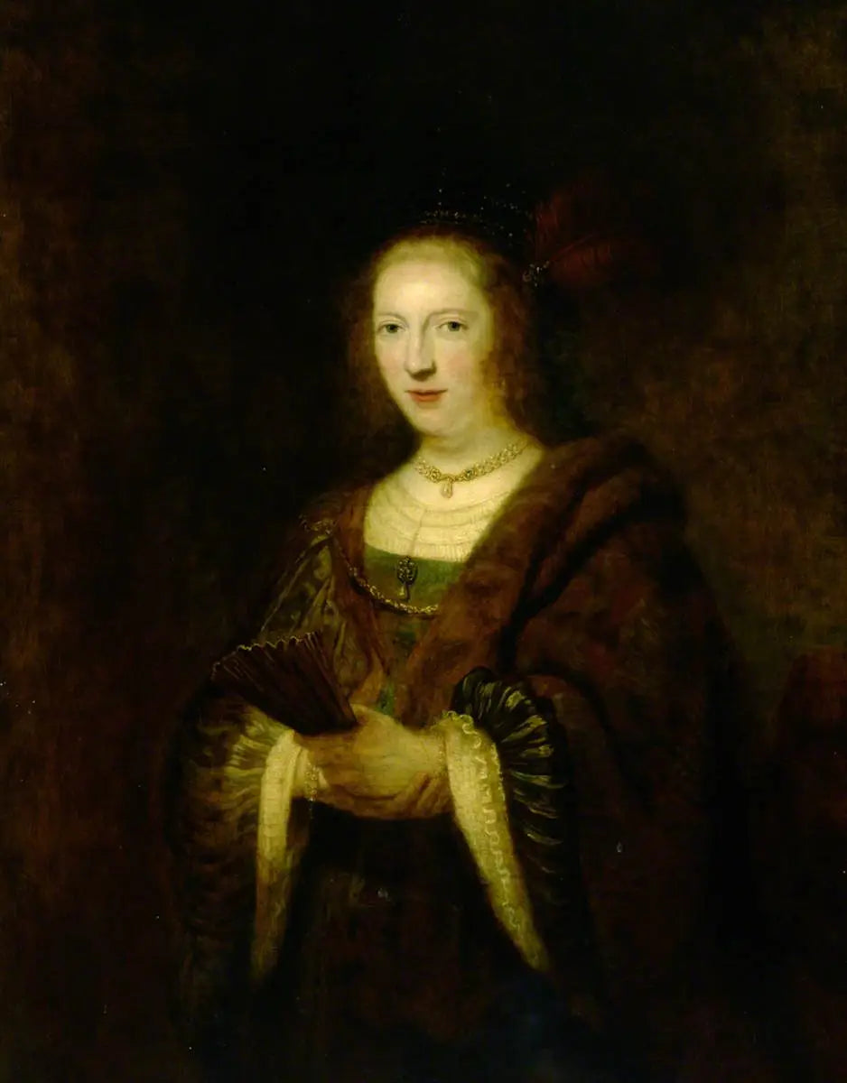 Dame tenant un éventail - Rembrandt image 1 copie peinte à la main à l’huile