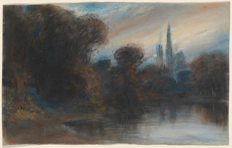 An Abbey by a Wooded Lake at Twilight - Paul Huet