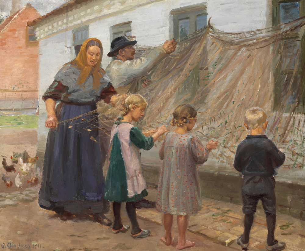 Démêler le filet de pêche. - Anna Ancher image 1 reproduction de peinture à l’huile
