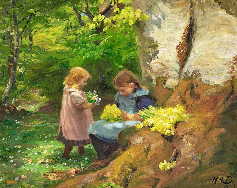 オーフス近くのフナーラップの森で、女の子たちがアネモネとプリムローズを摘んでいます。 - H. A. ブレンデキルデ

Source:
Des filles cueillent des anémones et des primevères dans les bois de Hunnerup près d'Odense. - H. A. Brendekilde