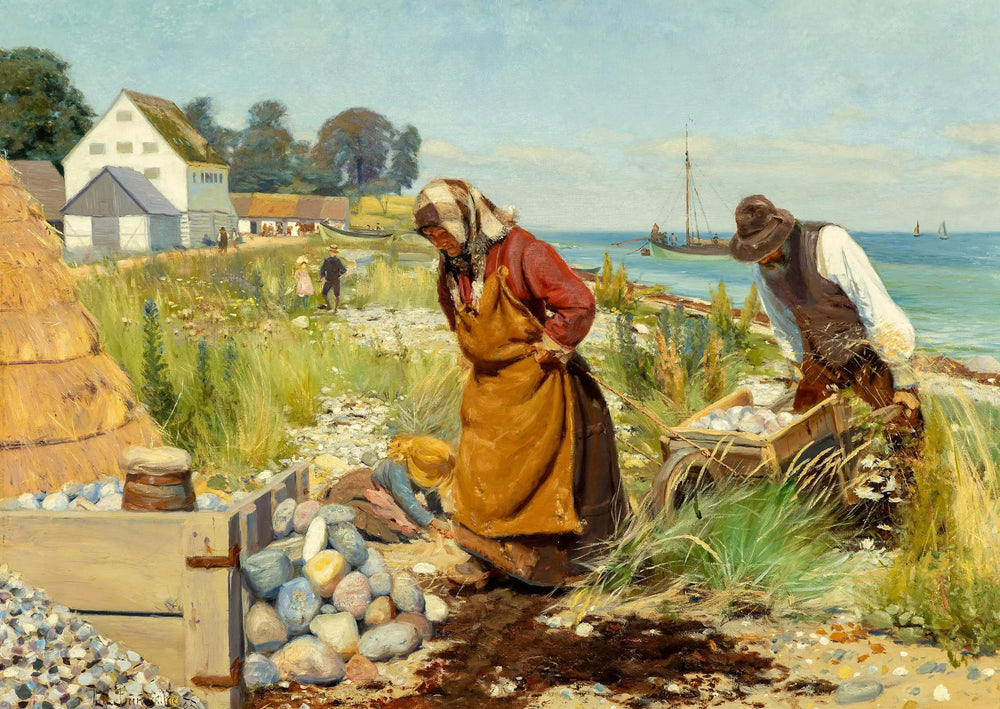 Des gens coupent des décombres près d'une plage à Stevns, au Danemark. - H. A. Brendekilde image 1 reproduction de peinture à l’huile