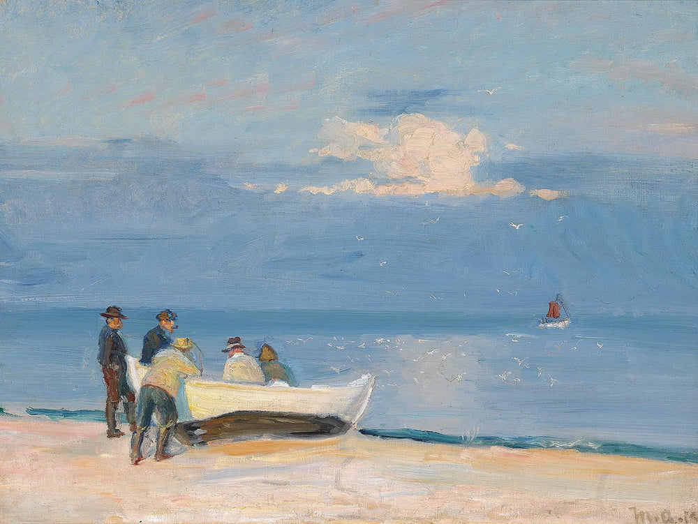 Des pêcheurs sur un bateau, sur la plage de Skagen. - Michael Peter Ancher image 1 copie de tableau peinte à la main