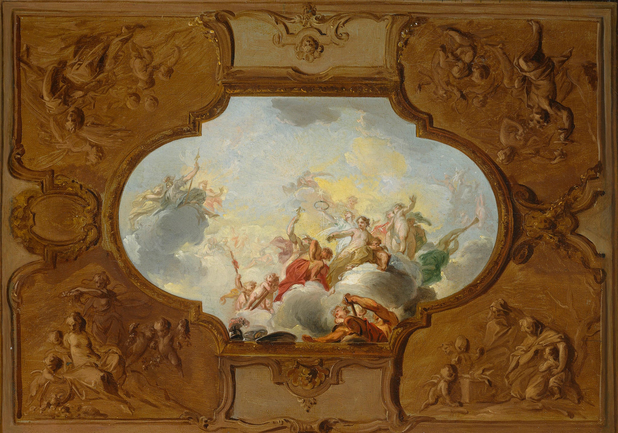 Dessin pour une pièce de plafond avec l'apothéose d'Énée, les quatre saisons en brunaille dans les coins - Jacob de Wit